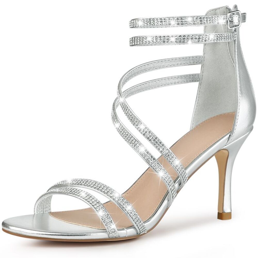 Sparkle Glitter Heeled Rhinestone Stiletto Heel Strappy Sandals Silver
